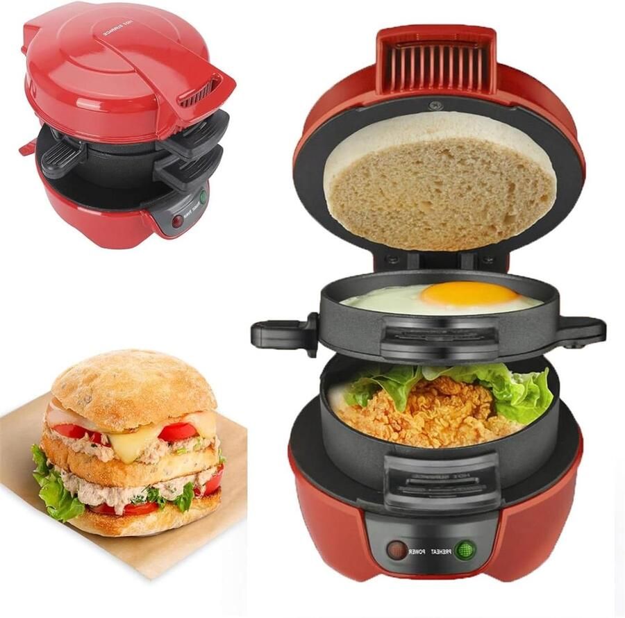 Ontbijt Sandwich Machine Tosti IJzer Snelle Maaltijden Klaar in 5 Minuten Compact Ontwerp Rood