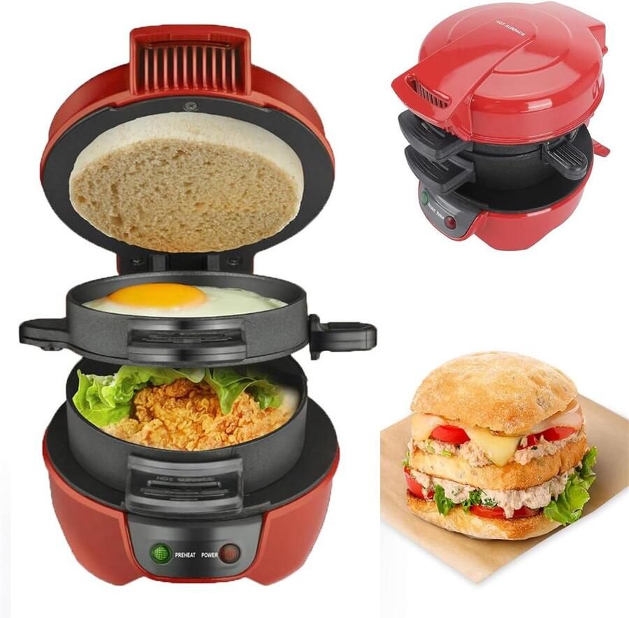 Ontbijt Sandwichmachine Tosti IJzer Snelle Maaltijden Klaar in 5 Minuten 600 Watt Rood