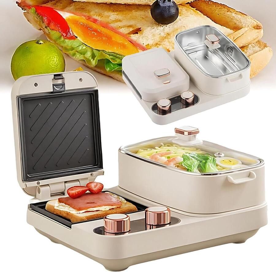 Ontbijtapparaat Tosti-ijzer Snackmaker Ontbijt Bereiden Dubbele Bediening 22x28x13 cm Zwart