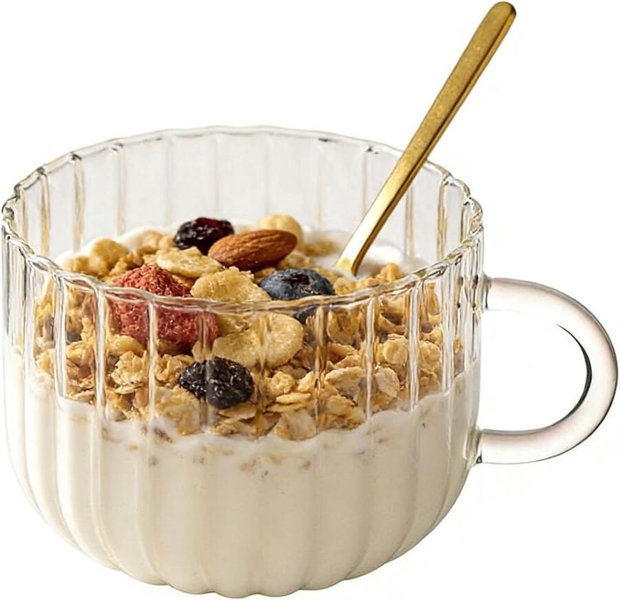 Ontbijtbeker met lepel 400 ml helder glazen mok voor granen havermout yoghurt koffie thee magnetron en vaatwasmachinebestendig vintage reliëf ontwerp