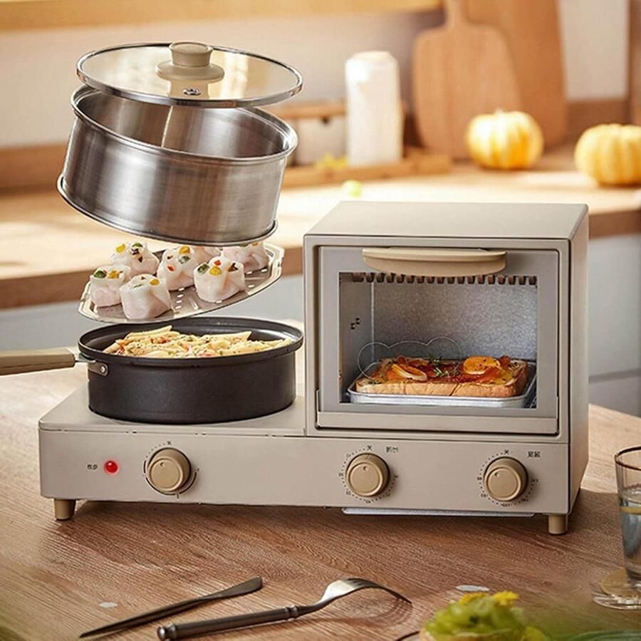 Ontbijtmachine 3-in-1 Keukenapparaat Broodrooster Snel Ontbijten Compact Ontwerp 5 Liter Zilver