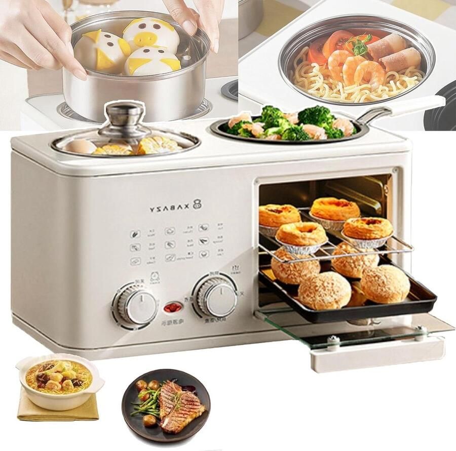 Ontbijtmachine Keukenapparaat Compleet Ontbijt 4-in-1 Functie 8 Liter Oven Wit