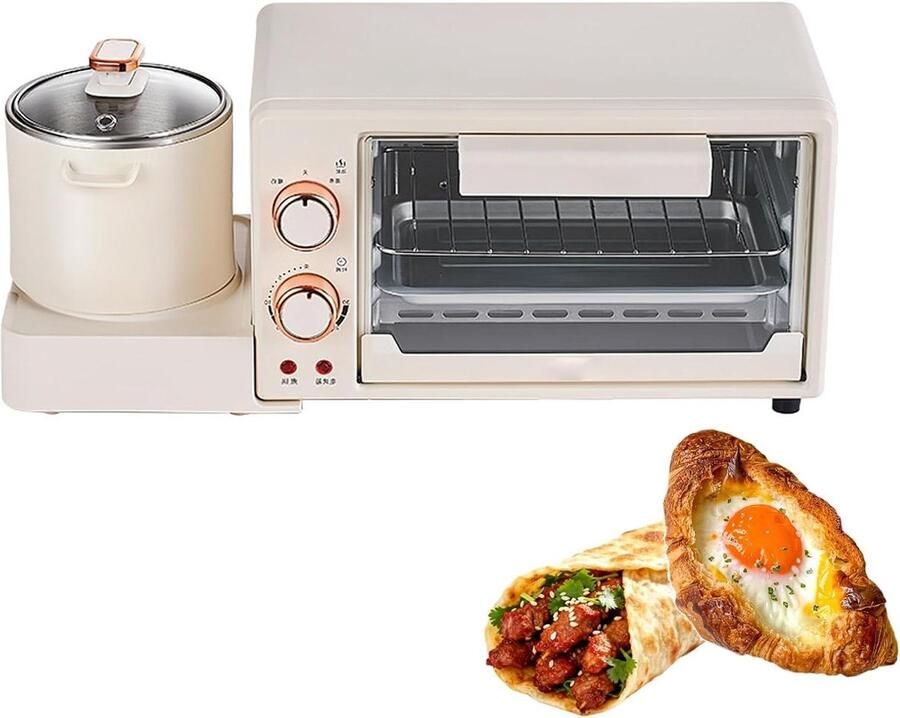 Ontbijtmaker 2-in-1 Ontbijtstation Keukenapparaat Snel Ontbijt Maken Oven Koekenpan Stomer Standaard Formaat Wit