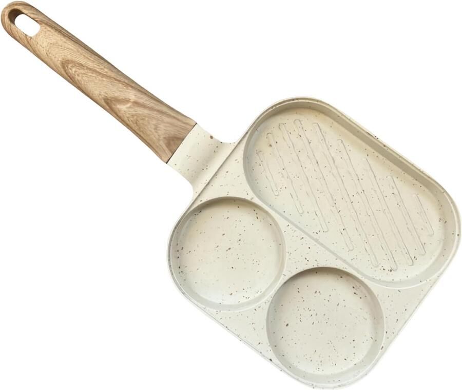 Ontbijtpan met 3 vakken Eierpan koekenpan Ontbijt bereiden Gelijkmatige warmteverdeling 36.5 x 18.5 cm Crème