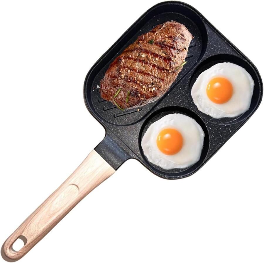 Verdeelde Ontbijtkoekenpan Eierpan Pannenkoekenpan Ontbijt Koken 3 Kookzones 25.5 cm Zwart