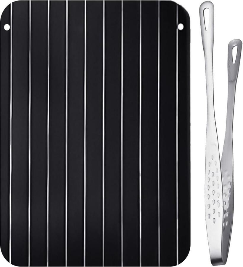 Ontdooiplaat met tang Keuken set Snel ontdooien Aluminium warmtegeleiding 23 x 165 cm Zwart