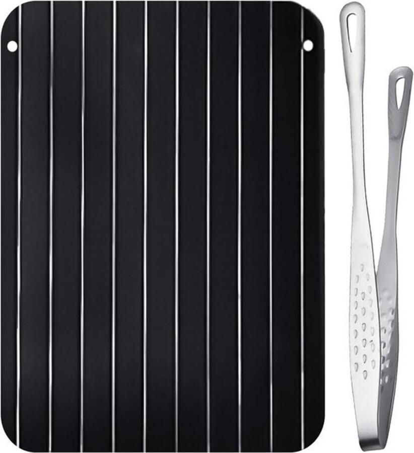 Ontdooiplaat met tang Keukenset Voedsel ontdooien Aluminium warmtegeleiding 23 x 165 cm Zwart