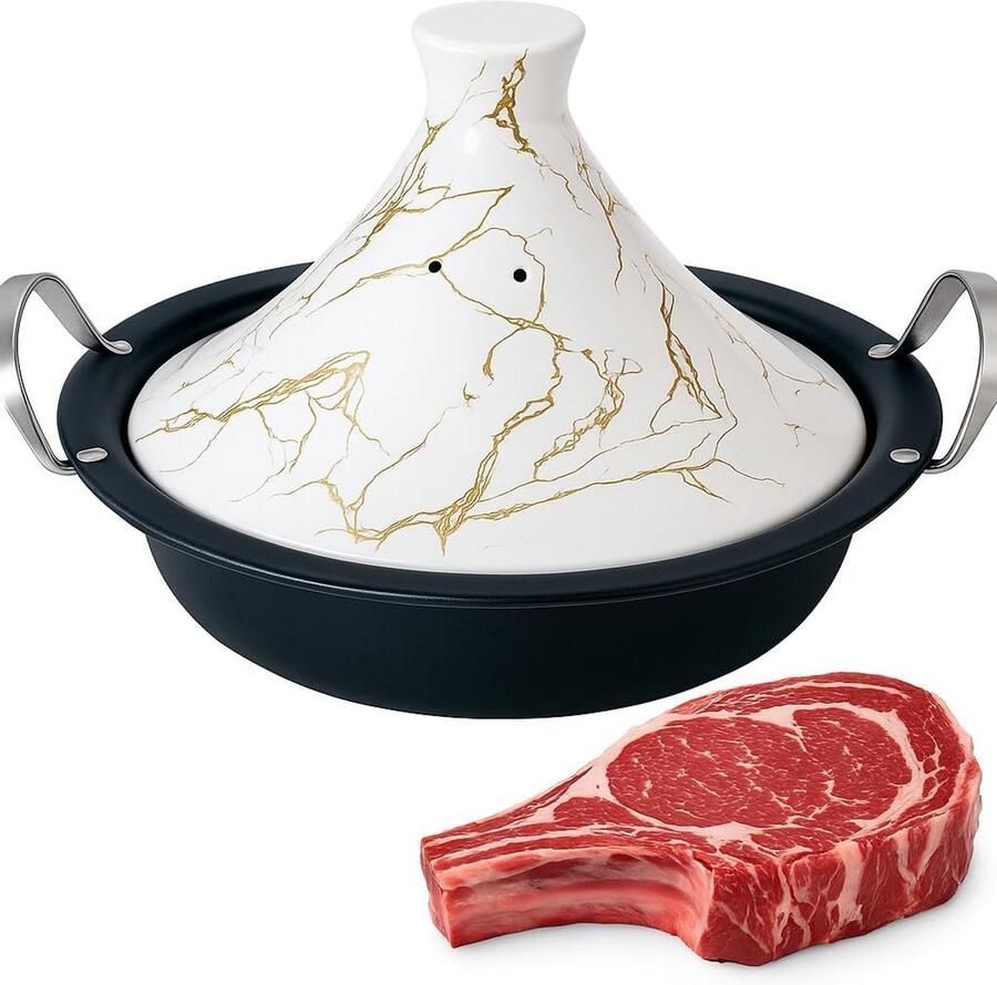 Oosterse Stoofpot Marokkaanse Pan Traditioneel Koken Porseleinen Deksel 38 cm Zwart Goud