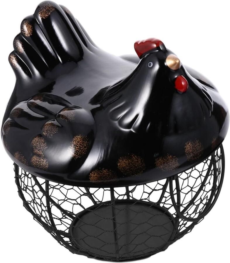 Opbergmand Kip Eierhouder Mand Keuken Organisatie Met Kipvormig Deksel 24 x 21.5 cm Zwart