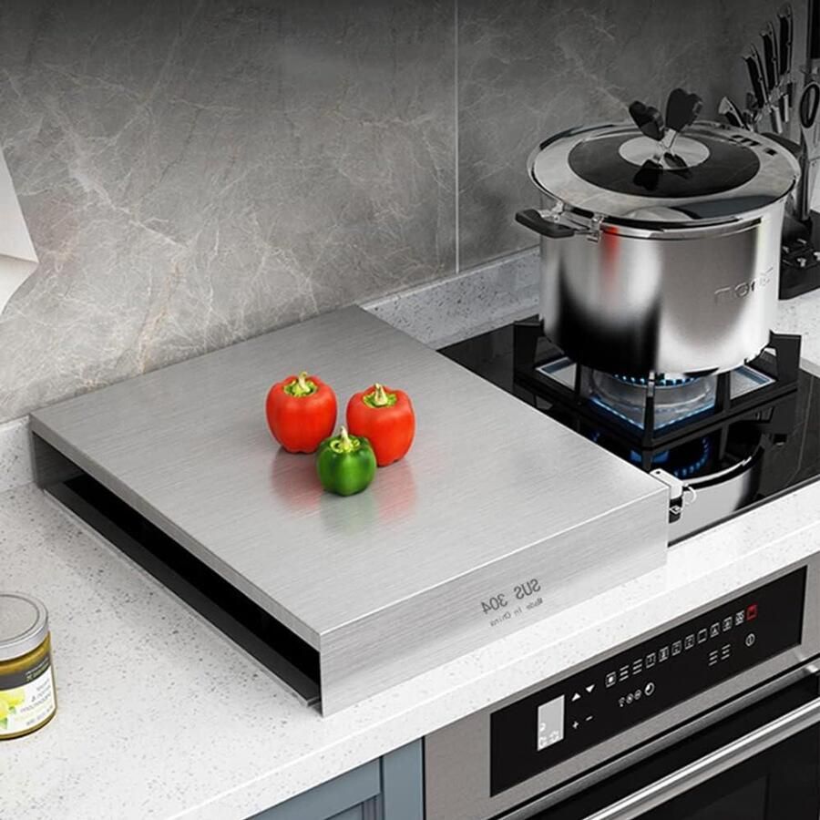 Opbergrek RVS Kookplaat Beschermer Aanrecht Ruimte Hygiënisch Oppervlak 48x40x9 cm Zilver