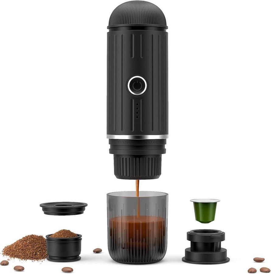 Oplaadbare 12V elektrische draagbare espressomachine met verwarmingsfunctie met één druk op de knop automatische koffiezetapparaat geschikt voor Nespresso-capsules en gemalen koffie geschikt voor kamperen reizen en thuisgebruik (zwart)
