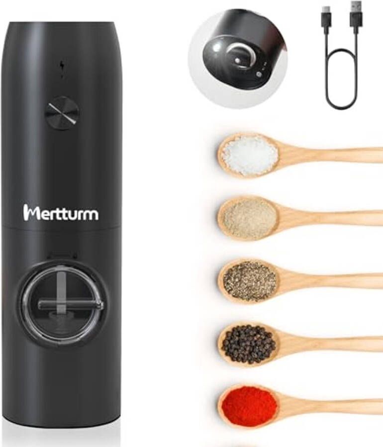 Oplaadbare Elektrische Pepermolen met LED Licht Automatische Molen voor Peper en Zout Eenvoudige Eenhandige Bediening Verstelbare Graad Herbruikbaar en Draagbaar voor Keuken en BBQ