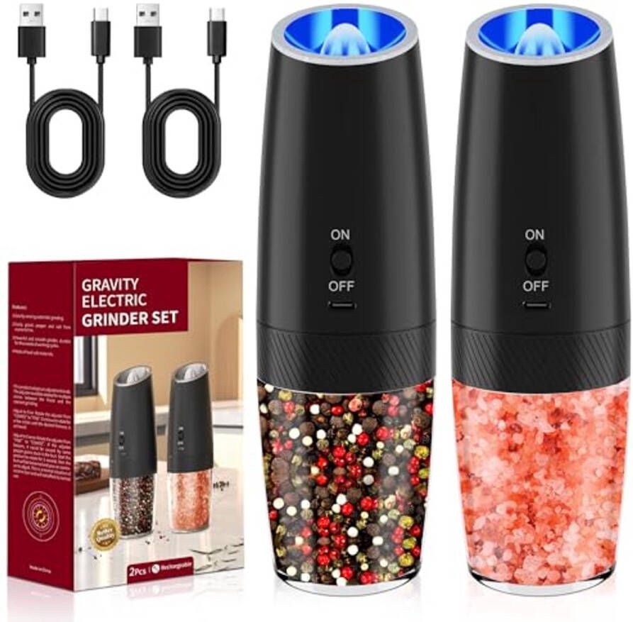 Oplaadbare Elektrische Pepermolen met Zwaartekrachtsensor en Verstelbare Grofheid 2 Stuks