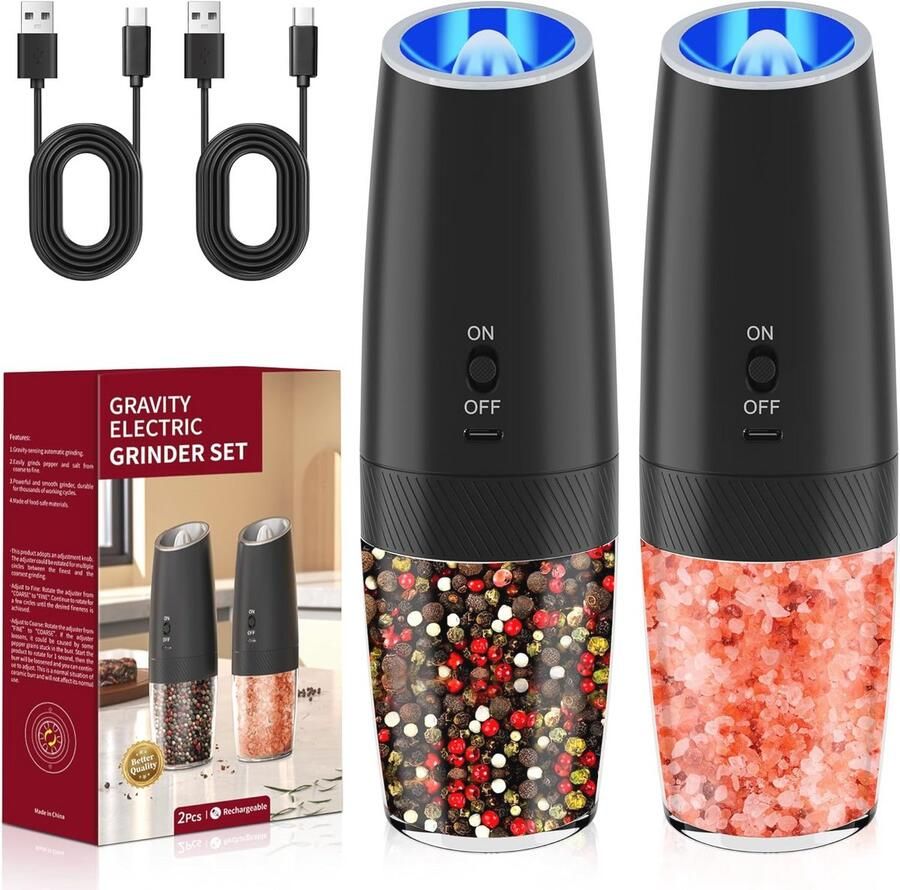 Oplaadbare Elektrische Pepermolen met Zwaartekrachtsensor en Verstelbare Grofheid 2 Stuks