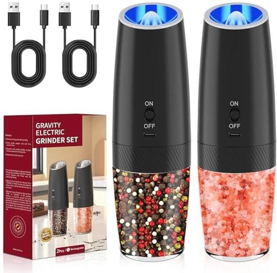 Oplaadbare Elektrische Pepermolen met Zwaartekrachtsensor en Verstelbare Grofheid 2 Stuks