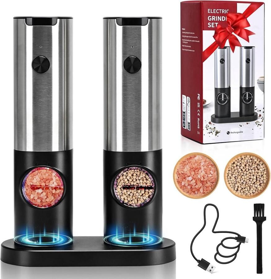 Oplaadbare Elektrische Pepermolen Set van 2 Keramische Molens met Instelbare Grofheid en LED Licht