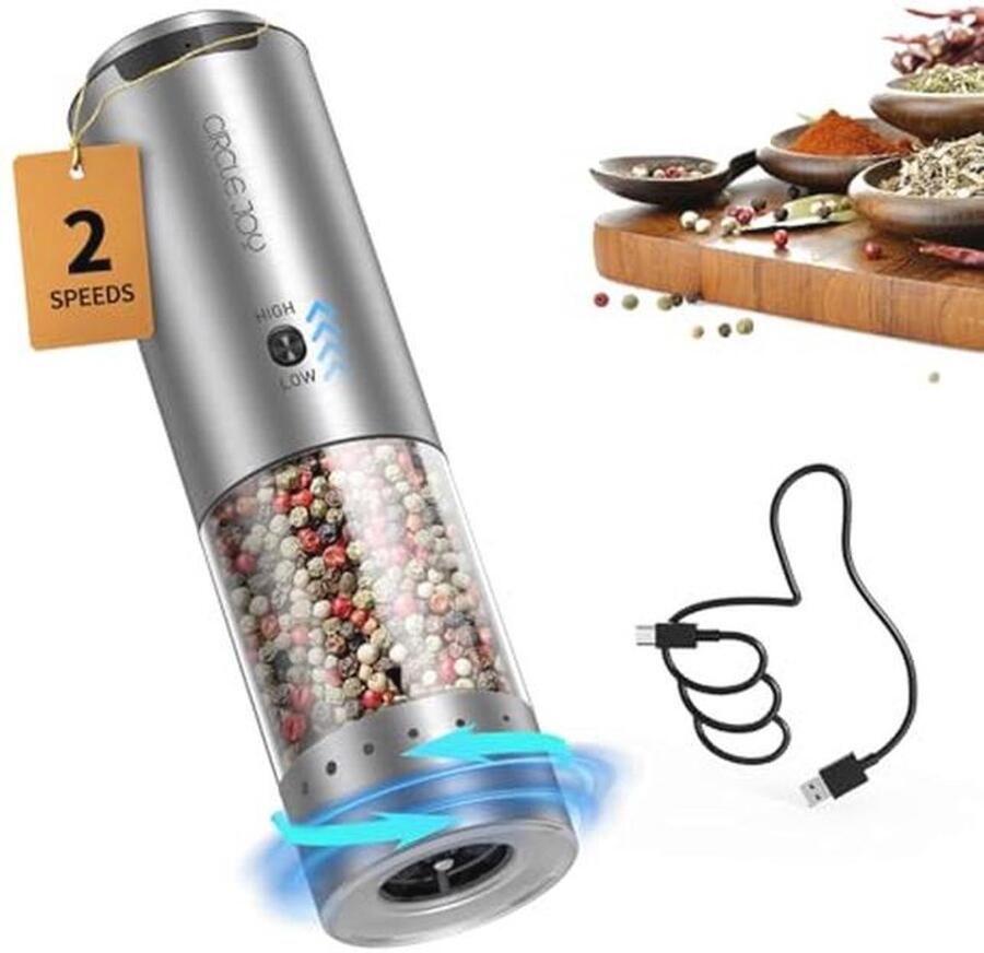 Oplaadbare Elektrische Pepermolen van Roestvrij Staal met 95 ml Container en Instelbare Maalgrootte