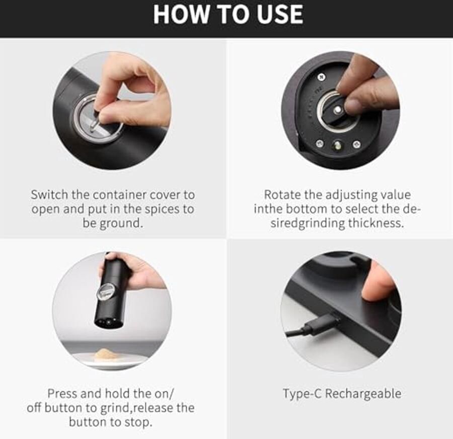 Oplaadbare elektrische zout- en pepermolen met instelbare grofheid 2-delige set met keramische molen - Foto 2