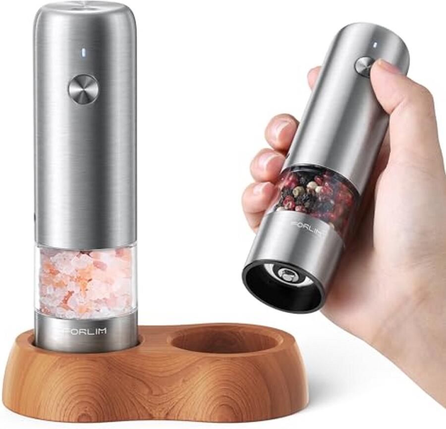 Oplaadbare Elektrische Zout- en Pepermolen Set met Houten Basis en Instelbare Grofheid