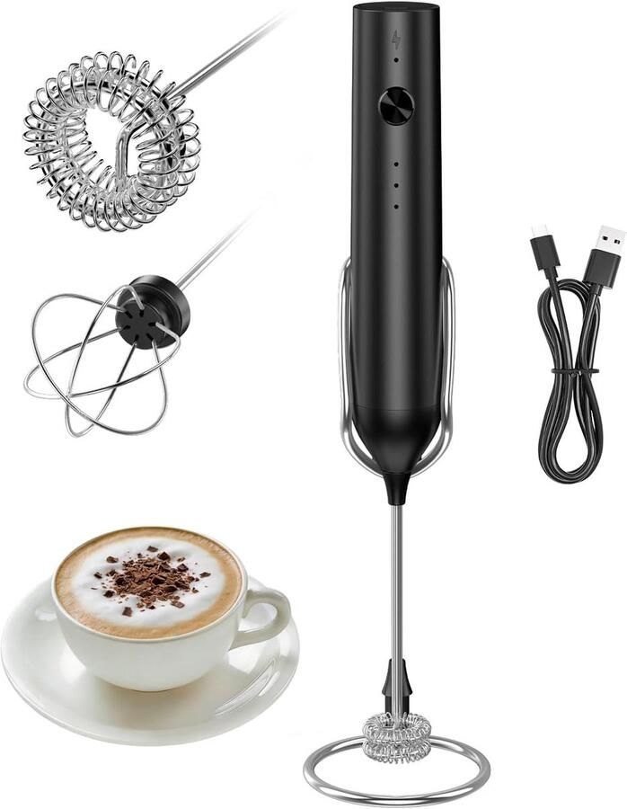 Oplaadbare hand-melkopschuimer & elektrische mixer (3 snelheden) — Draagbare drankgarde met dubbele opzetstukken ideaal voor koffie lattes cappuccino's en eieren (Zwart)