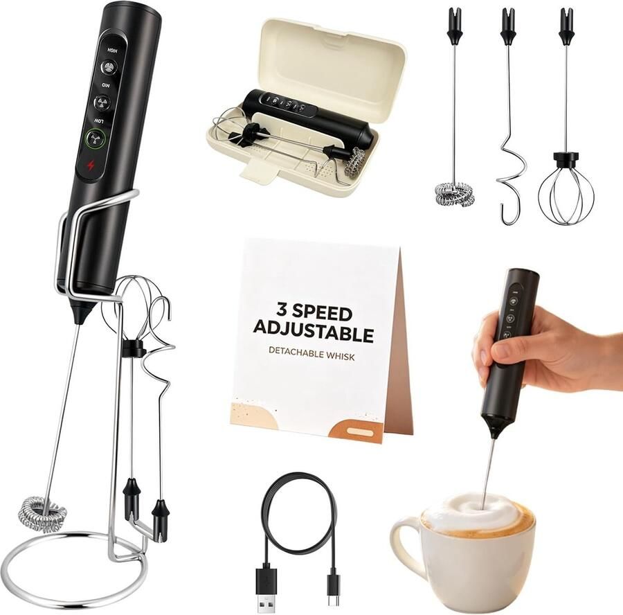 Oplaadbare handmelkopschuimer Zwart 3-in-1 Met Standaard en Opbergdoos Voor Koffie Latte Cappuccino en Eieren