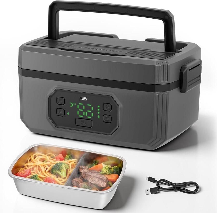 Oplaadbare Lunchbox Verwarmbare Bento Warm Eten Onderweg Draadloze Verwarming 1.2 Liter Zwart