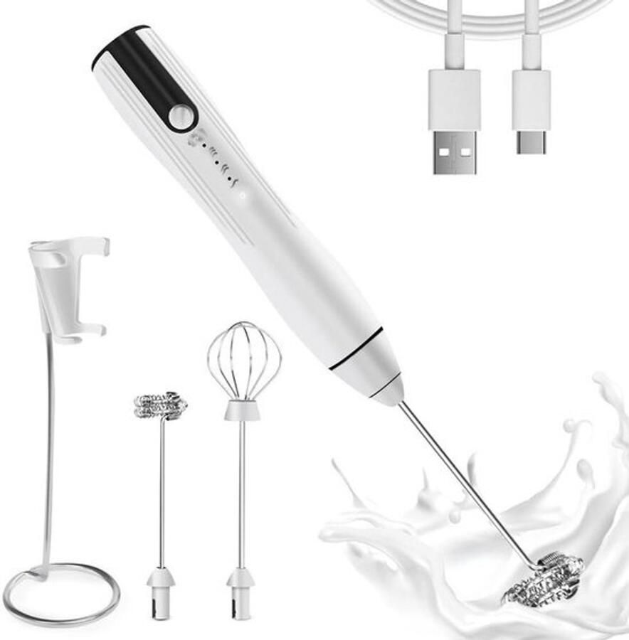 Oplaadbare melkopschuimer handheld met 3 snelheden krachtige garde drankmixer met 2 voor koffie schuimmachine wit