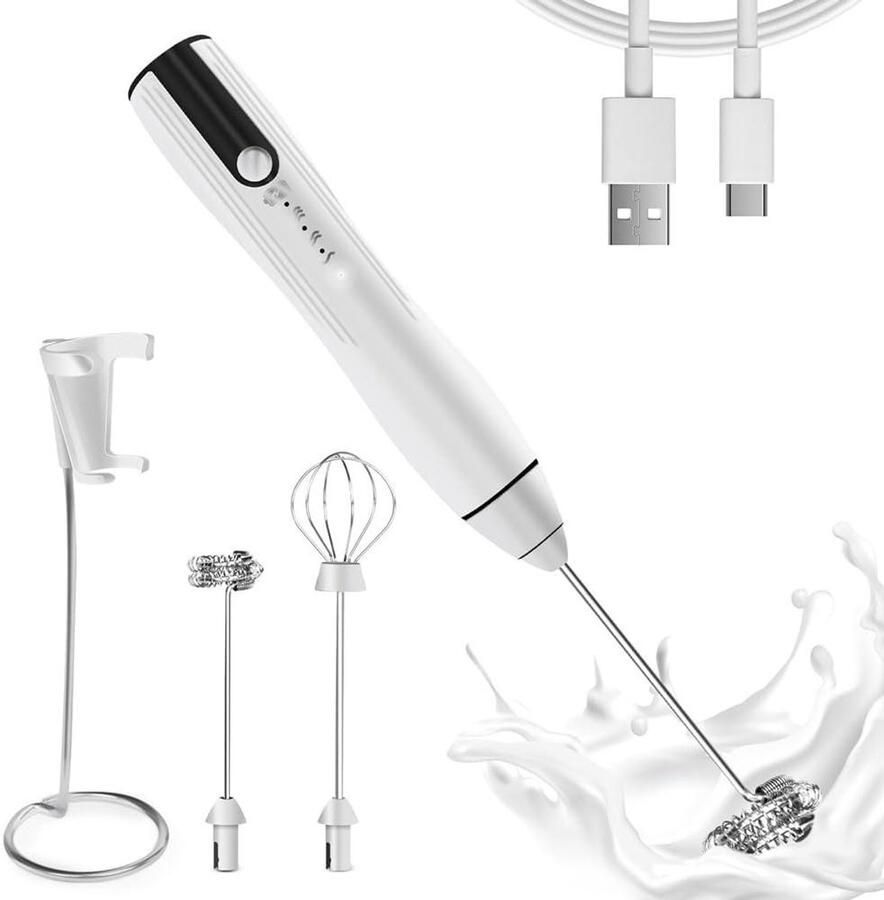 Oplaadbare melkopschuimer handheld met 3 snelheden krachtige garde drankmixer met 2 voor koffie schuimmachine wit