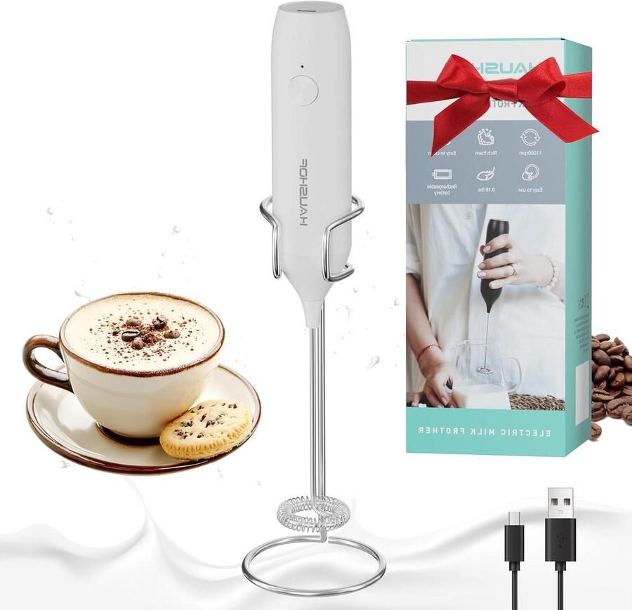 Oplaadbare Melkopschuimer Koffie Mixer Elektrische Garde Koffie Maken Krachtige Motor Compact Formaat Wit