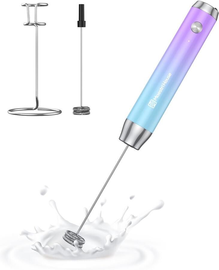 Oplaadbare Melkopschuimer met Standaard Handmatige Elektrische Schuimmaker Waterdicht Afneembare Roestvrijstalen Garde Drankmixer Schuimer voor Lattes (Paars en Blauw)