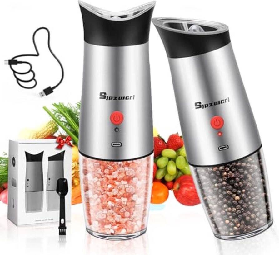 Oplaadbare Peper En Zout Molen Set: Verstelbare Maalgrofte Eénhandige Bediening Automatische Gravitatie Sensor Elektrische Molen Set Van 2