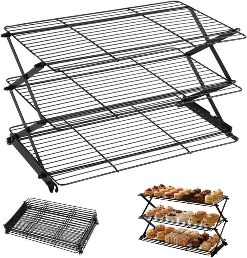 Opvouwbaar koelrek 3-band niet-stick draad metalen koekjesrek voor pizza cake grill zware antiaanbaklaag voor koken en bakken zwart