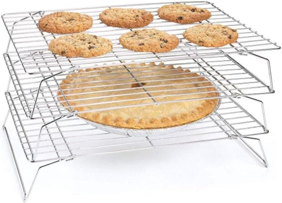 Opvouwbaar Koelrek Bakrooster Taartstandaard Bakken Grillen 3 Lagen 34x24x19 cm Zilver