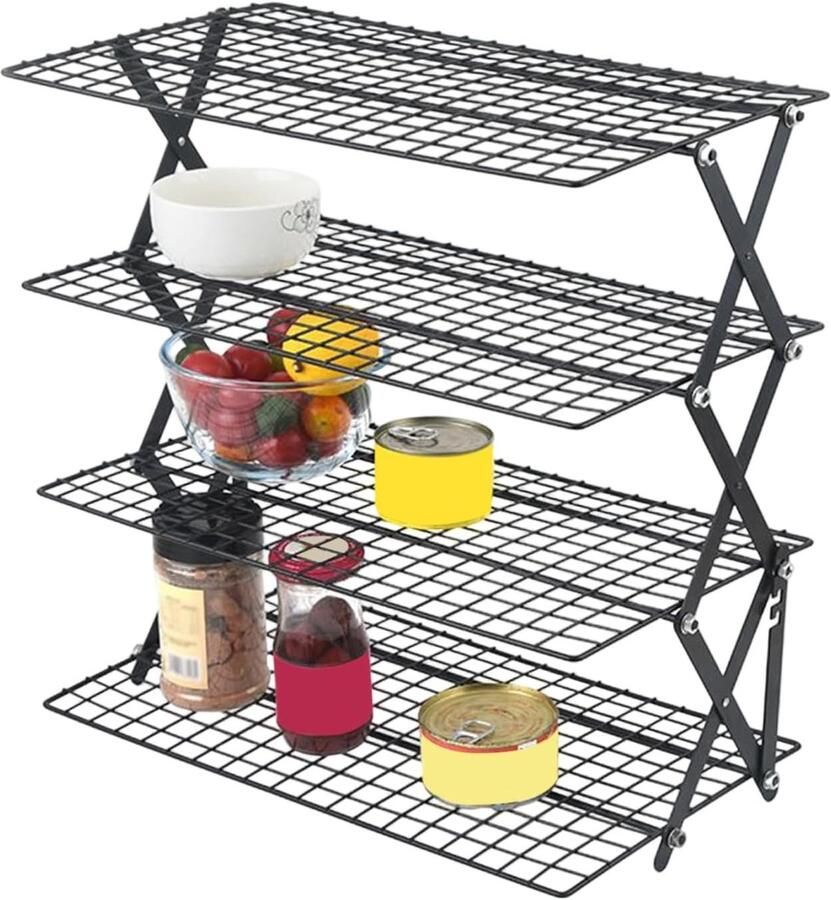 Opvouwbaar Koelrooster Drogen Bakplaat Eten Bereiden Vier Niveaus 47 x 28 x 12 cm Zwart