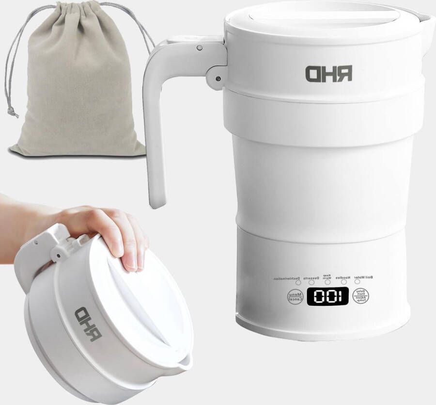 Opvouwbare Camping Waterkoker 0.7L Silicone Waterkoker met Multifunctioneel Paneel Warmhouden & Uitgestelde Start 1000W Wit