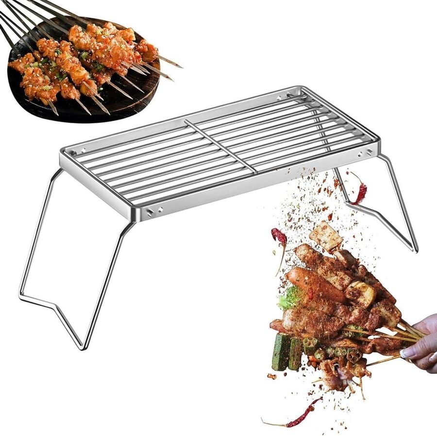 Opvouwbare Campinggrill Compact Grillrooster Buiten Koken Tweevoudig Gebruik 30x16 cm Zilver