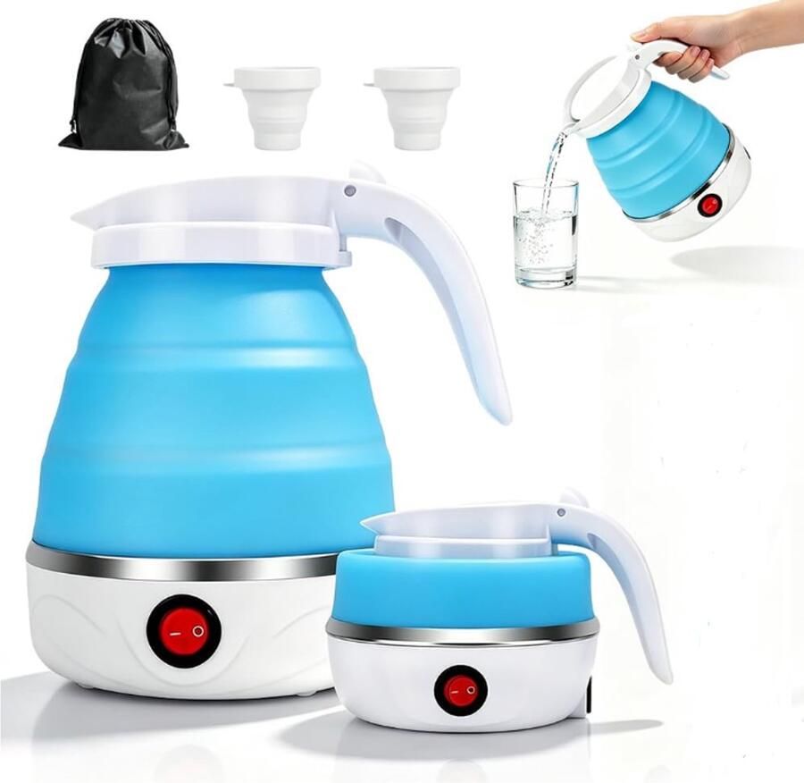 Opvouwbare elektrische waterkoker – 600 ml opvouwbare siliconen waterkoker met 2 opvouwbare bekers opbergtas – mini-draagbare reiswaterkoker voor kamperen reizen vakantie.L