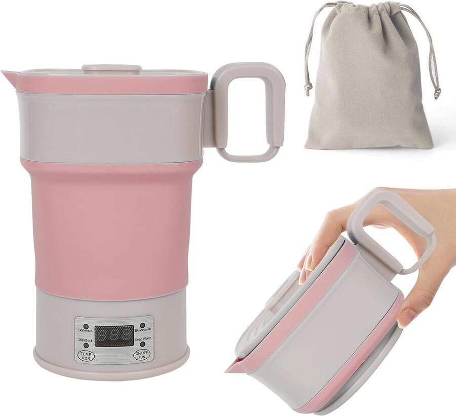 Opvouwbare elektrische waterkoker 800 ml draagbare campingwaterkoker van BPA-vrije siliconen mini-reiswaterkoker voor kamperen reizen wandelen touchbediening temperatuurregeling 35-90°C roze
