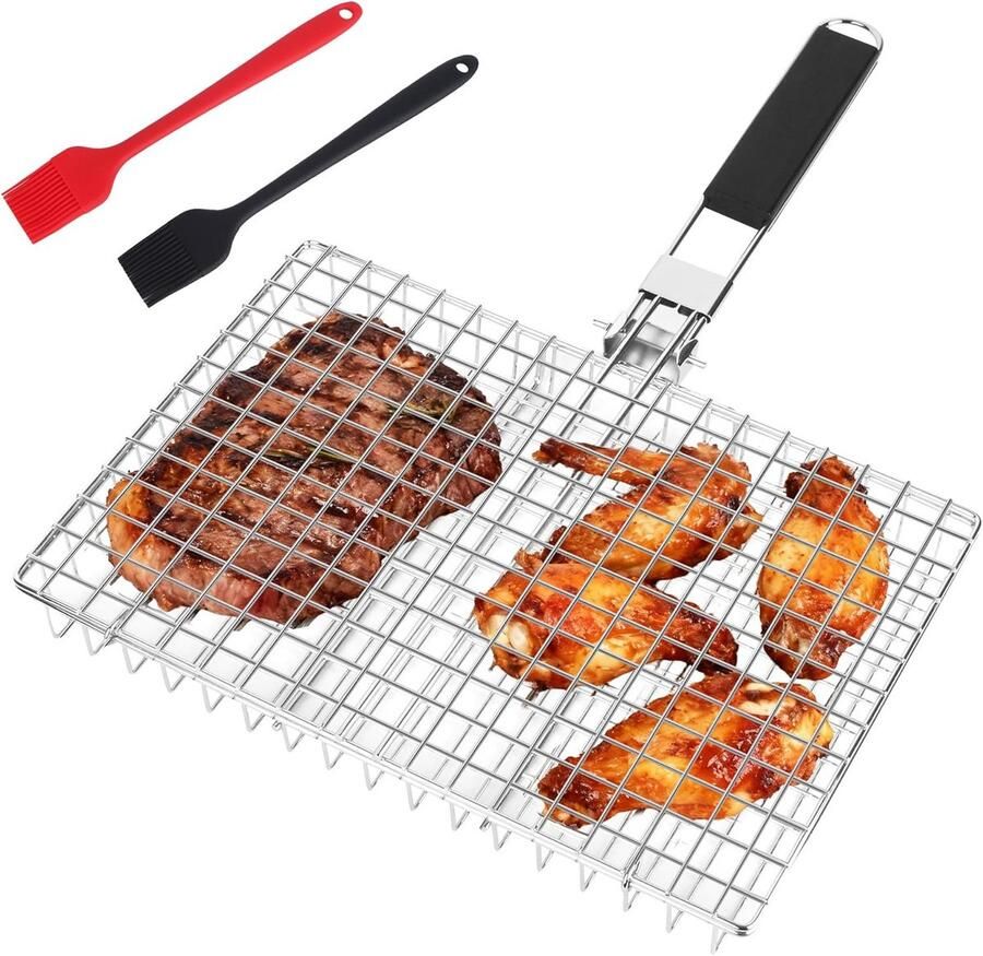 Opvouwbare Grillmand met 2 Grillborstels voor Vis Steak en Garnalen