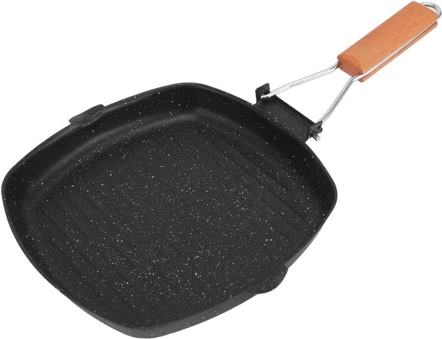 Inklapbare Grillpan Zwart 24 x 24 cm Antiaanbaklaag van Koolstofstaal Voor Grillen van Vlees en Vis