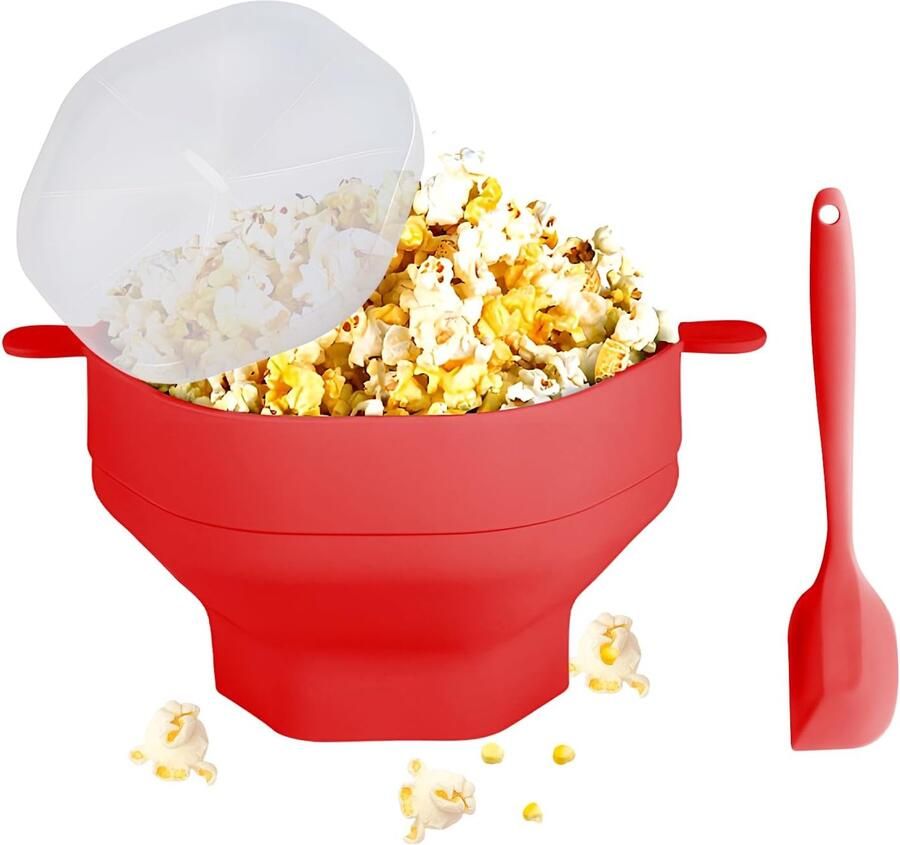 Opvouwbare popcornschaal met deksel siliconen rood ideaal voor magnetrongebruik Vemera