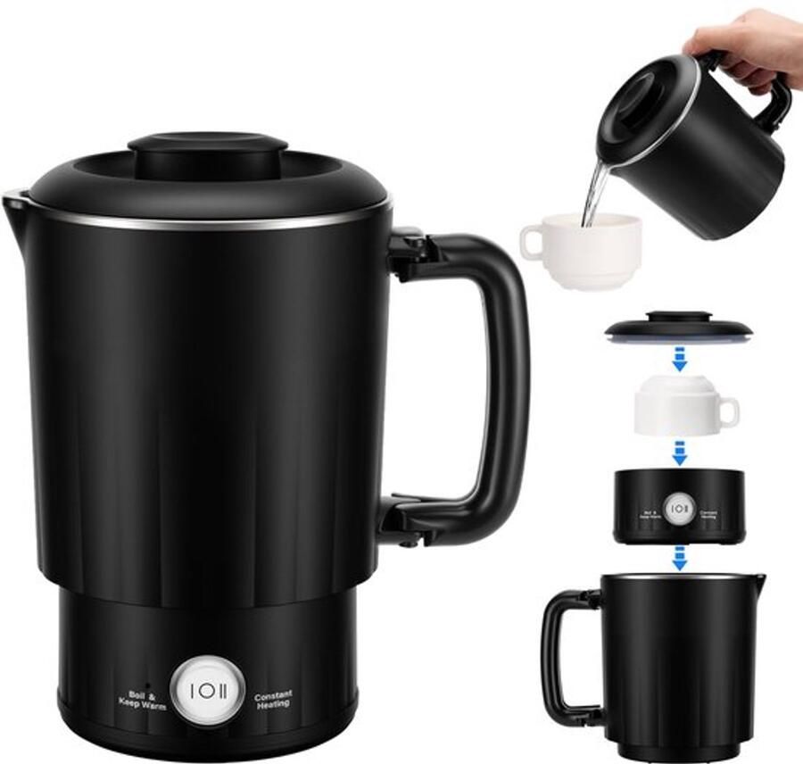 Opvouwbare reiswaterkoker van roestvrij staal 800 ml draagbare waterkoker elektrisch met keramische beker opwarmen in 5 minuten perfect voor familie reizen hotel camping en wandelen