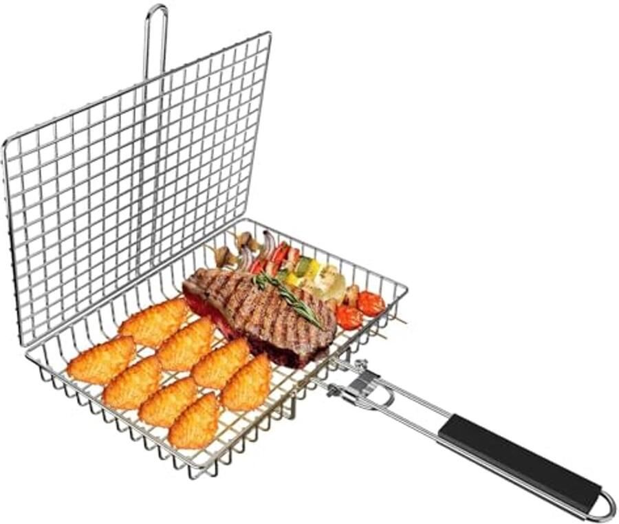 Opvouwbare Roestvrijstalen Grillmand voor Vis en Groenten