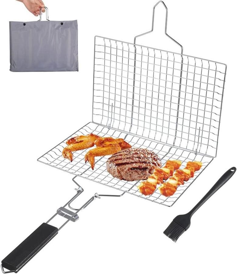 Opvouwbare Roestvrijstalen Grillmand voor Vlees en Groenten met Afneembaar Handvat