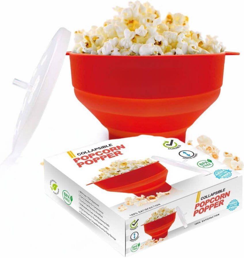 Opvouwbare Siliconen Popcorn Kom Rood Magnetron Hittebestendig Eenvoudig Schoon te Maken Stijlvol & Praktisch Compact & Lichtgewicht Duurzaam & Handzaam Ideaal Voor Gezonde Snacks
