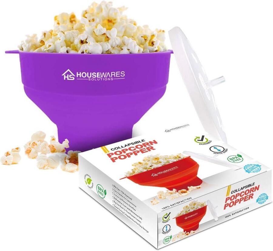 Opvouwbare Siliconen Popcorn Popper Bowl met Deksel en Handgrepen