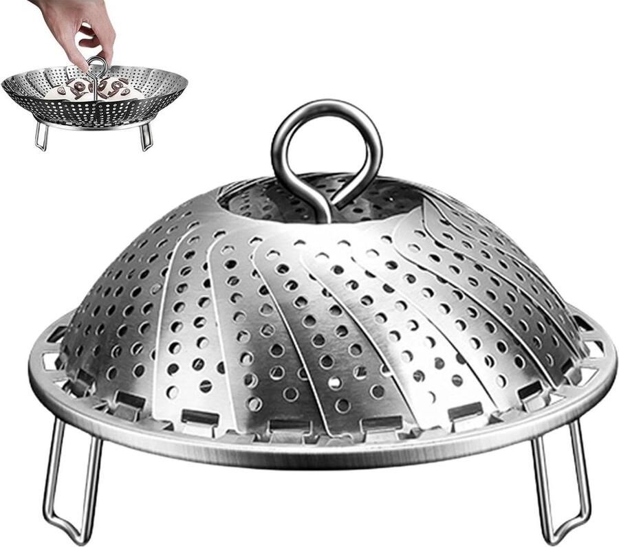 Opvouwbare Stoomkoker Stoommand RVS Gezond Koken Uittrekbaar Ontwerp 16 cm Zilver