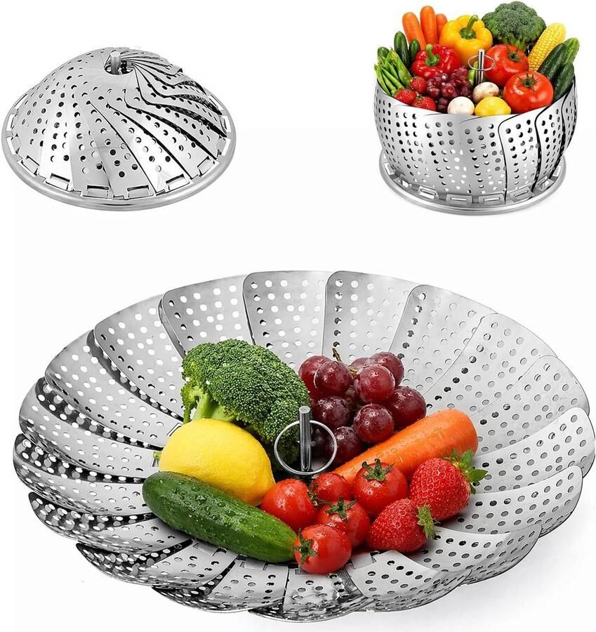 Opvouwbare Stoommand Groentestomer Pan Gezond Koken Verstelbaar Ontwerp 14-23cm Zilver