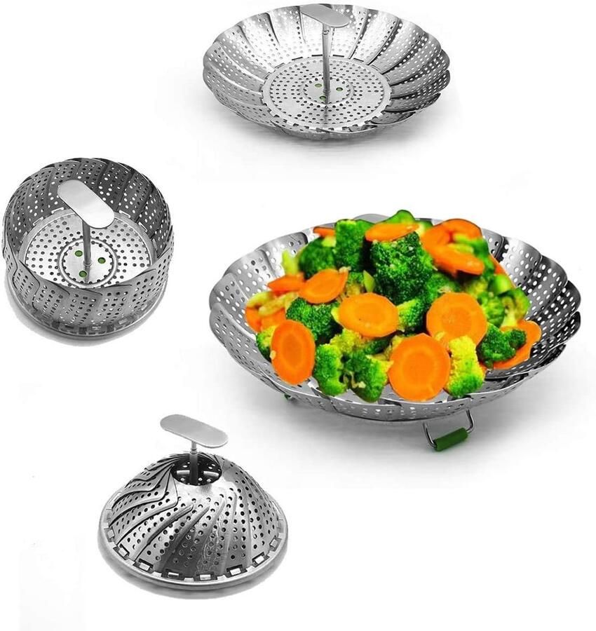 Opvouwbare stoommand roestvrij staal aromamand voor groenten vis en fruit past in elke pan