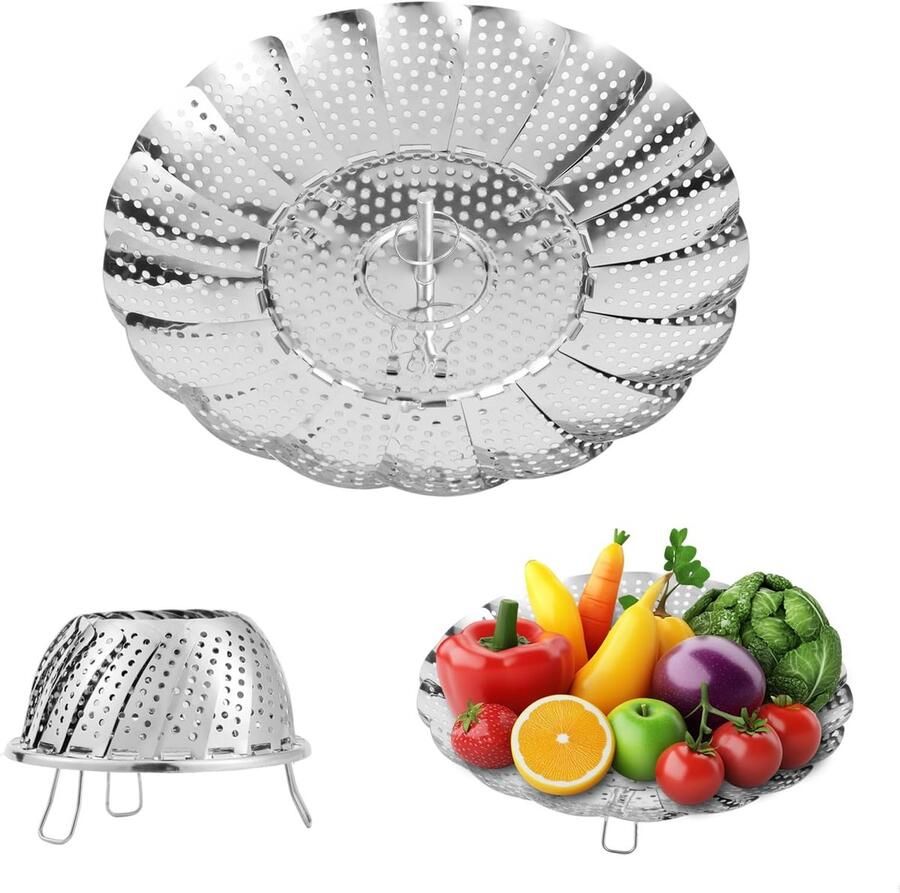 Stoommand Groente Opvouwbare Steamer Gezond Koken Verstelbaar Formaat 55 tot 9 inch Zilverkleurig